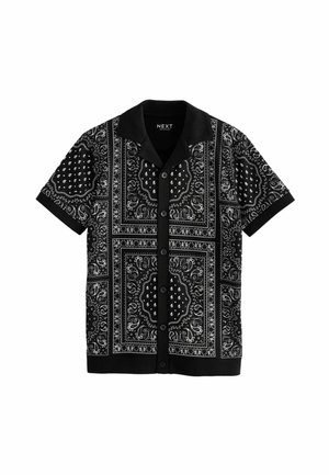 Chemise noire à manches courtes avec boutons, imprimé bandana paisley blanc et col noir uni de la marque NEXT.