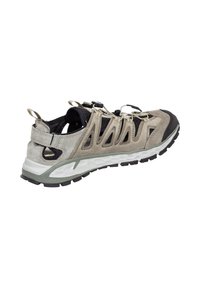 Leichter Wanderschuh in Grau und Schwarz mit atmungsaktivem Obermaterial aus Mesh, dynamischem Schnürsystem und robusten Gummiaußensohlen für guten Halt.