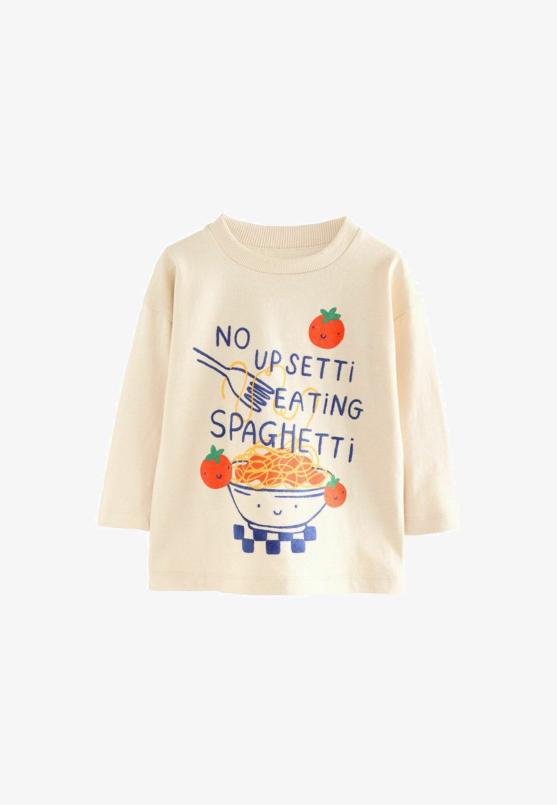 T-shirt à manches longues crème avec illustrations d'un bol de spaghettis souriant, une fourchette et une tomate, et texte "No upsetting eating spaghetti."