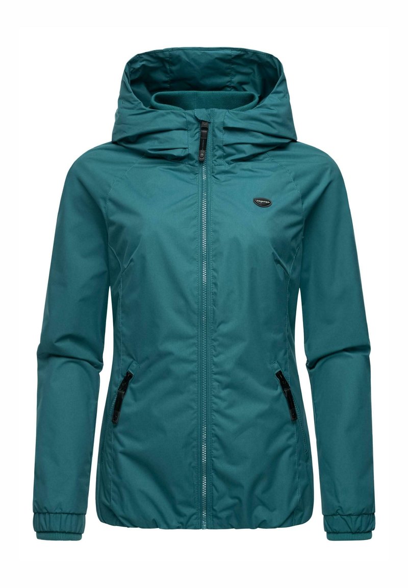 Veste imperméable bleu sarcelle avec capuche, fermeture éclair frontale complète, poches latérales zippées et poignets élastiques. Texture lisse et design épuré.