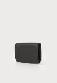 Black leather wallet with a textured finish, compact rectangular shape, and a fold-over design; features curved edges and no visible hardware.