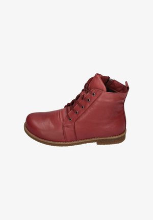 Red leather ankle boots with a smooth texture, round toe, lace-up front, and a low profile cork sole. Side zipper for easy access.