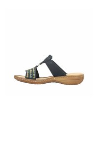 Black sandal with a smooth leather upper, featuring multicolored woven straps and a cushioned insole, on a tan rubber sole.