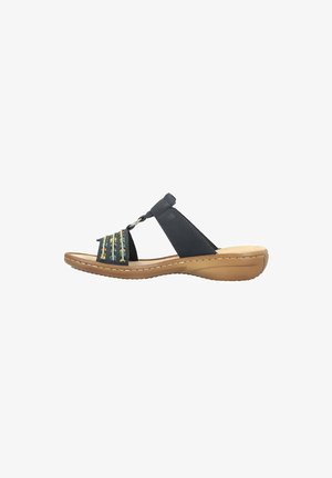 Black sandal with a smooth leather upper, featuring multicolored woven straps and a cushioned insole, on a tan rubber sole.