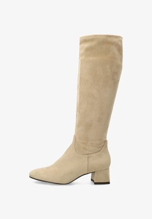 Stivali beige in suede fino al ginocchio con punta a punta e tacco largo e blocco. Texture liscia con dettagli di cuciture minime.