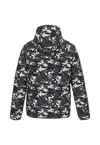 Tarnfarbener Pufferjacke in Grüntönen, Grau und Creme. Verfügt über eine Kapuze, lange Ärmel und eine gemusterte Oberfläche für Textur.