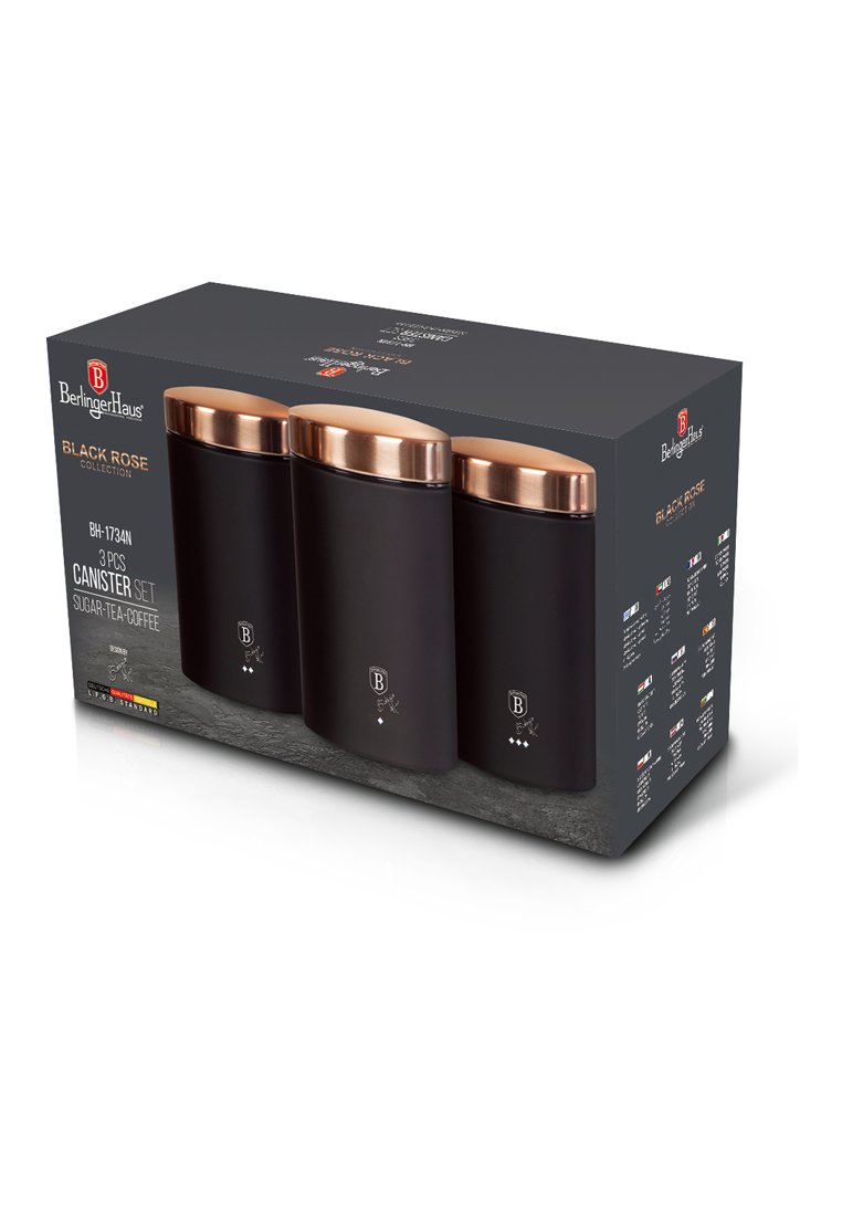 Tre contenitori neri in un set, con coperchi in rame. Ogni contenitore ha una finitura opaca liscia e mostra il logo del marchio e le icone per tè, caffè e zucchero.