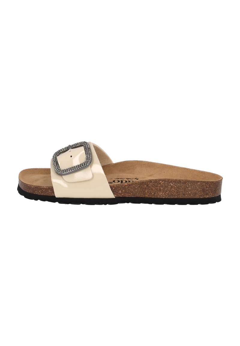 Beige slide sandal with a glossy finish and a square buckle. Features a textured cork sole and a smooth upper strap.