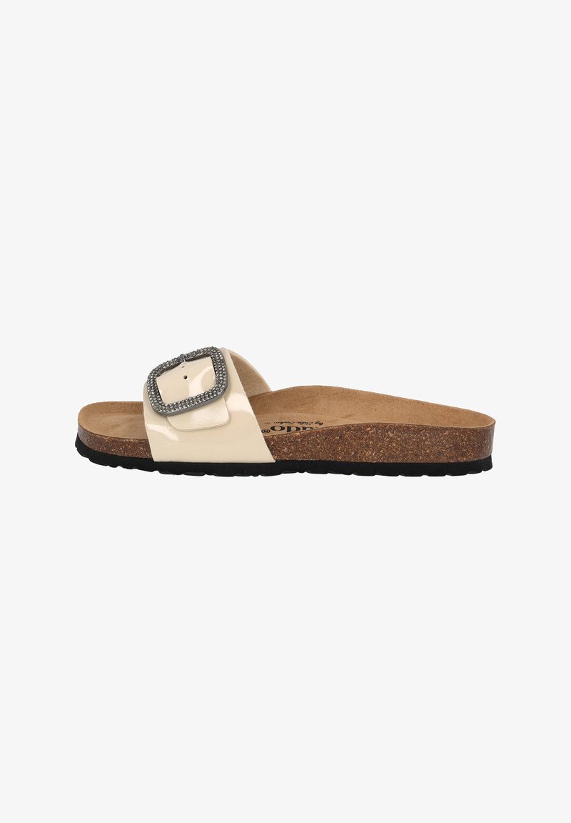 Beige slide sandal with a glossy finish and a square buckle. Features a textured cork sole and a smooth upper strap.