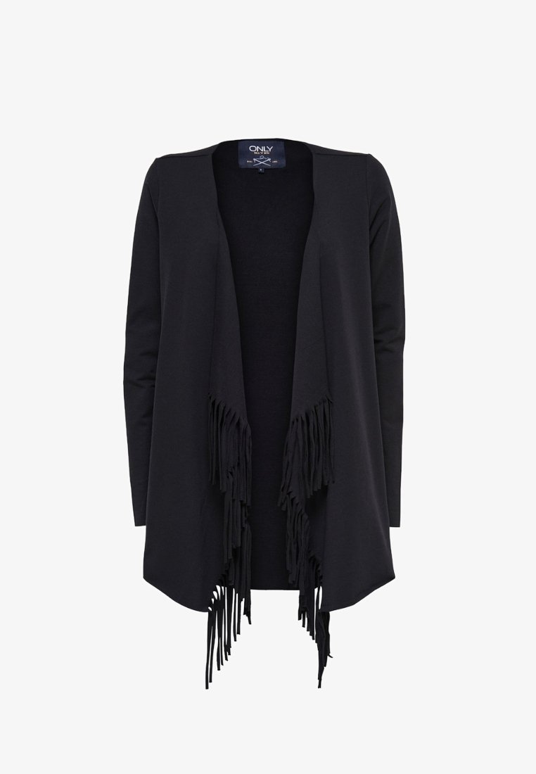 Svart kofta med öppen fram, med långa fransdetaljer vid fållen. Tillverkad av ett mjukt, stretchigt tyg med långa ärmar.