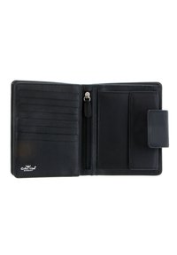 Black leather wallet with multiple card slots, an ID pocket, and a zip compartment for coins or small items. Textured finish, compact design.