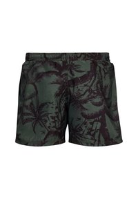 Pantaloni da bagno verdi con un motivo di palme nere. Presentano una vita elastica e tasche laterali. Realizzati in materiale leggero e ad asciugatura rapida.