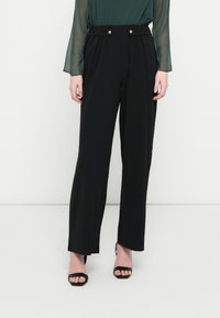 Black tailored trousers with a high waist, pleats, and gold button accents. The fabric is smooth and lightweight with wide legs.