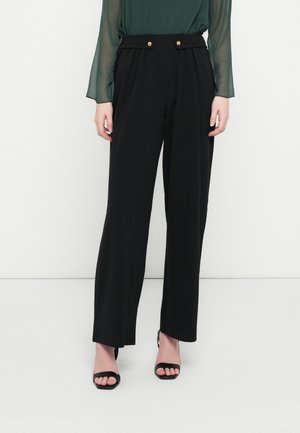 Black tailored trousers with a high waist, pleats, and gold button accents. The fabric is smooth and lightweight with wide legs.