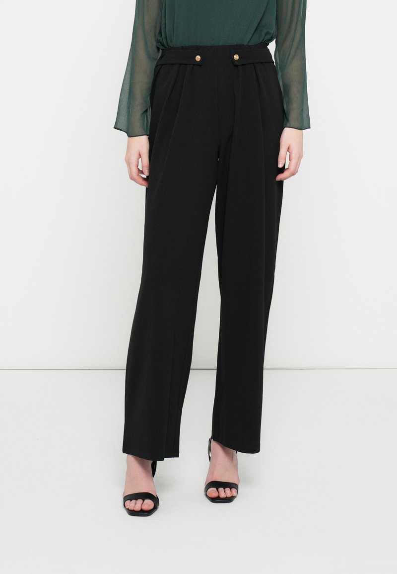Black tailored trousers with a high waist, pleats, and gold button accents. The fabric is smooth and lightweight with wide legs.