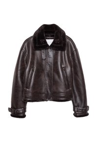 Giacca aviator in pelle marrone scuro con colletto peloso nero, chiusura a zip, due tasche frontali e dettagli con fibbie sui polsini.