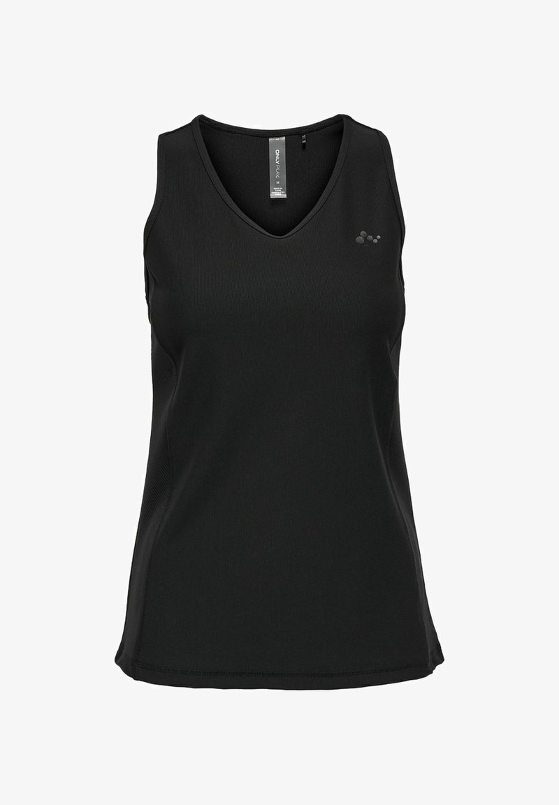 Black athletic tank top with a V-neck design, made from a smooth, stretchy fabric. Features a subtle logo on the upper left side.