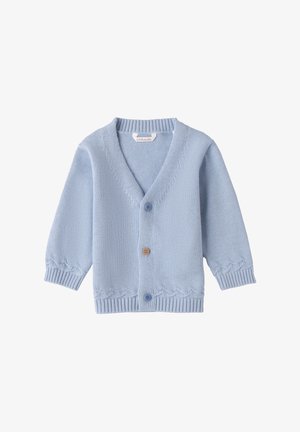 Helles blaues Strickcardigan aus weichem Material mit V-Ausschnitt, gerippten Bündchen, gewelltem Saum und drei Knöpfen in verschiedenen Farben.