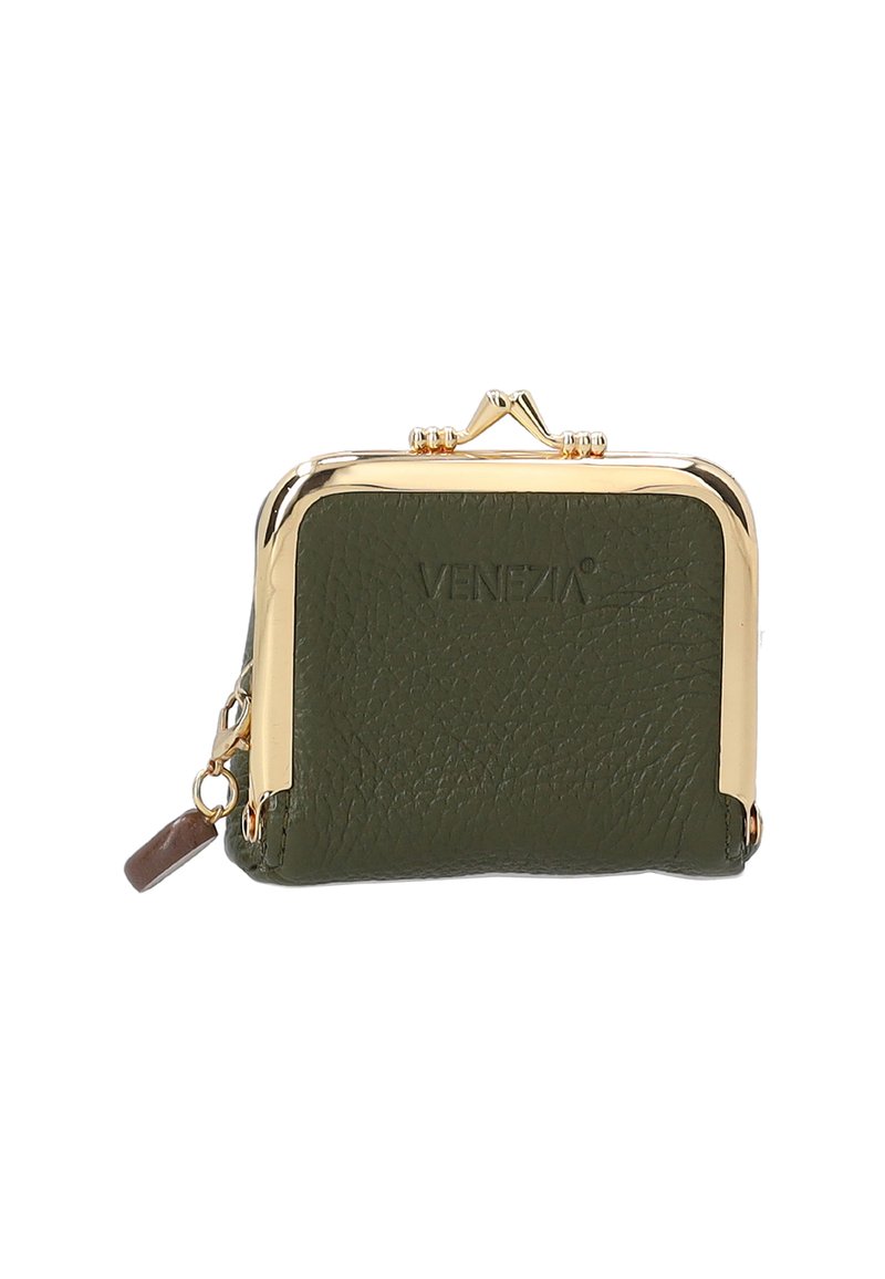 Green leather coin purse with a gold metal frame and clasp. Features embossed "VENEZIA" logo and a brown leather accent on the side.
