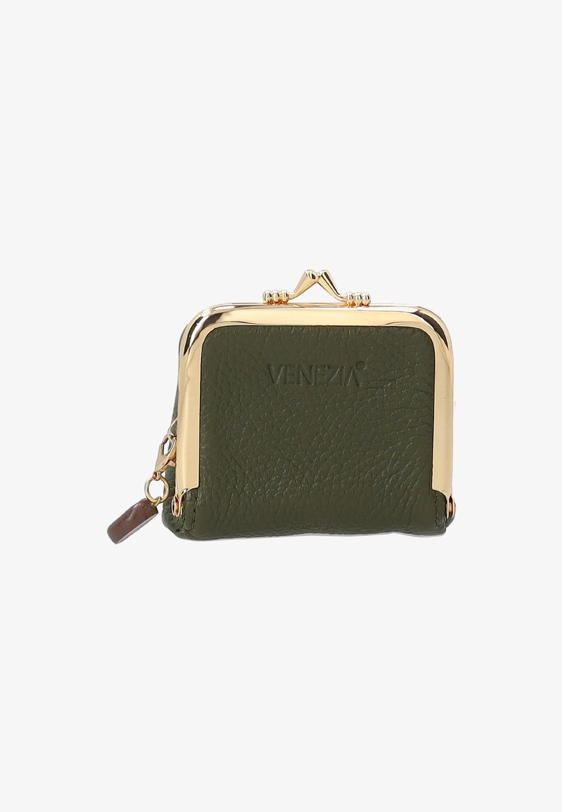 Green leather coin purse with a gold metal frame and clasp. Features embossed "VENEZIA" logo and a brown leather accent on the side.