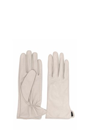 Jasnoszare skórzane rękawiczki o gładkiej fakturze, z pięcioma palcami i marszczonym mankietem. Końcówki palców są lekko zaokrąglone.