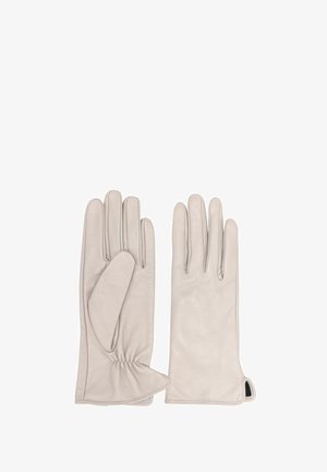 Jasnoszare skórzane rękawiczki o gładkiej fakturze, z pięcioma palcami i marszczonym mankietem. Końcówki palców są lekko zaokrąglone.