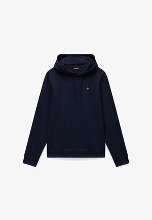 Felpa con cappuccio blu navy realizzata in morbido tessuto misto cotone. Presenta un cappuccio con coulisse, maniche lunghe e un piccolo logo sul petto.