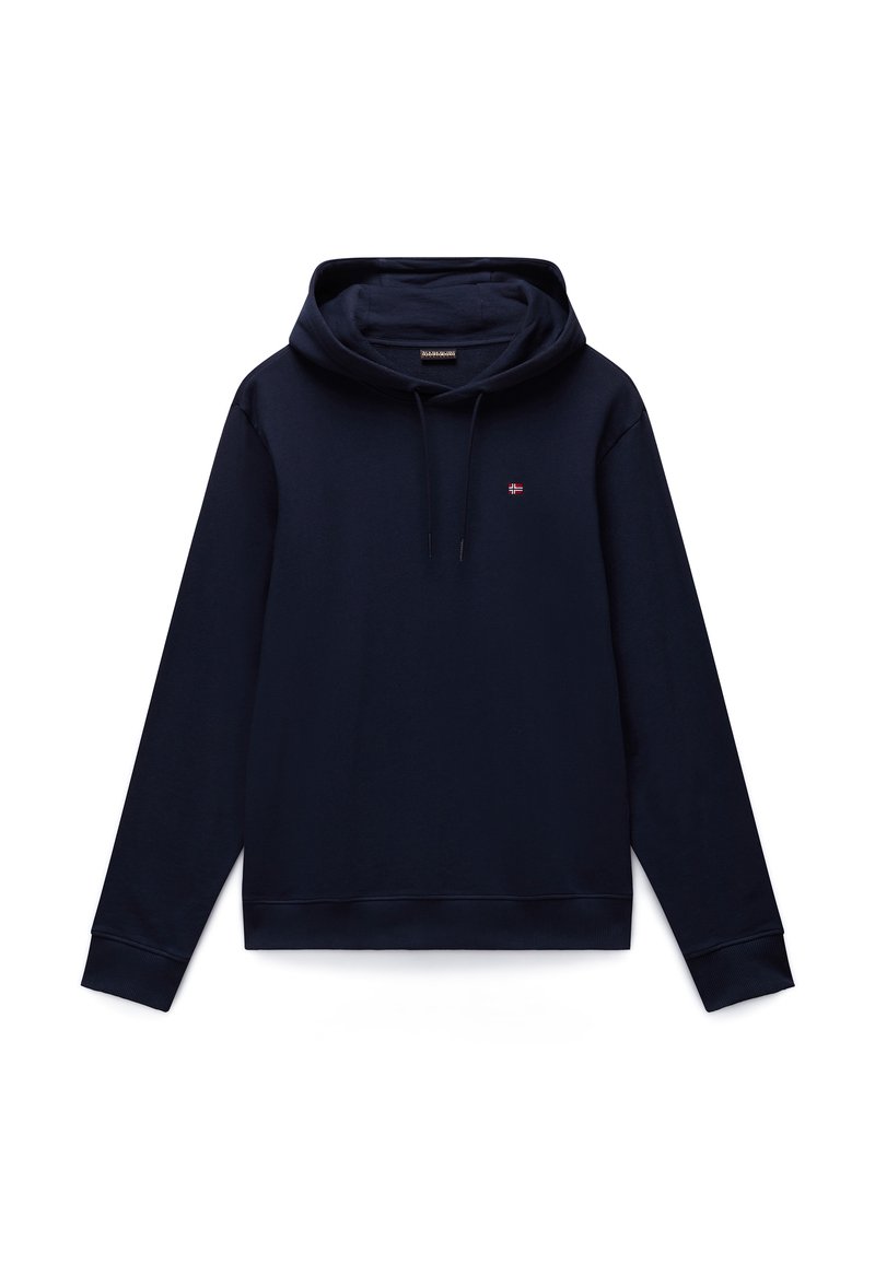 Marineblauer Hoodie aus weichem Baumwollmischgewebe. Verfügt über eine Kapuze mit Kordelzug, lange Ärmel und ein kleines Logo auf der Brust.