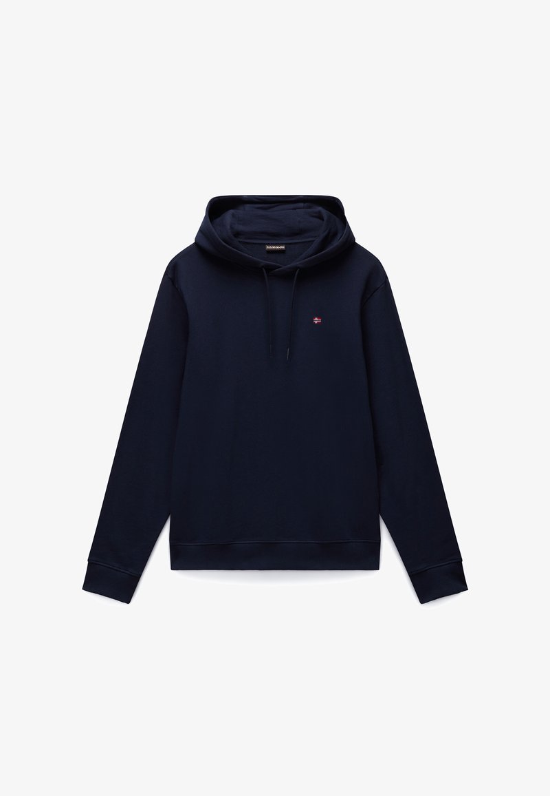 Marineblauer Hoodie aus weichem Baumwollmischgewebe. Verfügt über eine Kapuze mit Kordelzug, lange Ärmel und ein kleines Logo auf der Brust.