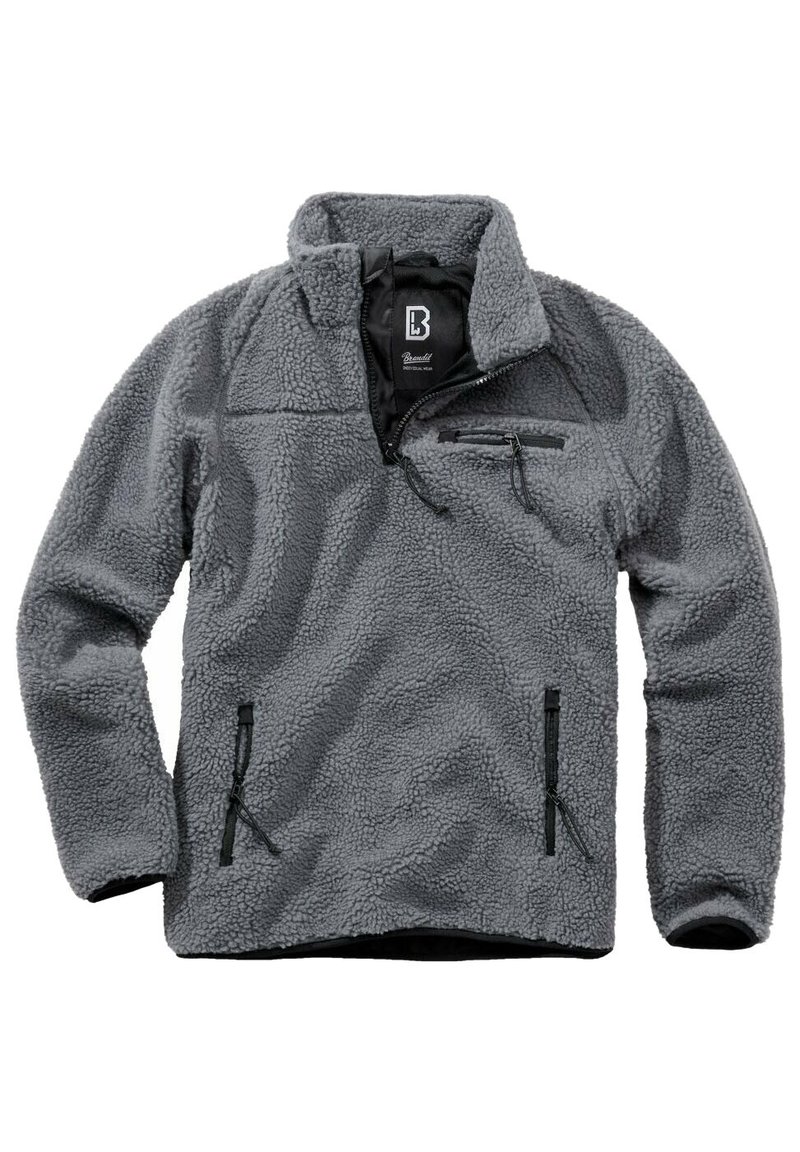 Pullover in fleece grigio con colletto a zip a quarto, tasca sul petto con zip e tasche laterali. Tessuto testurizzato con una sensazione morbida e calda.