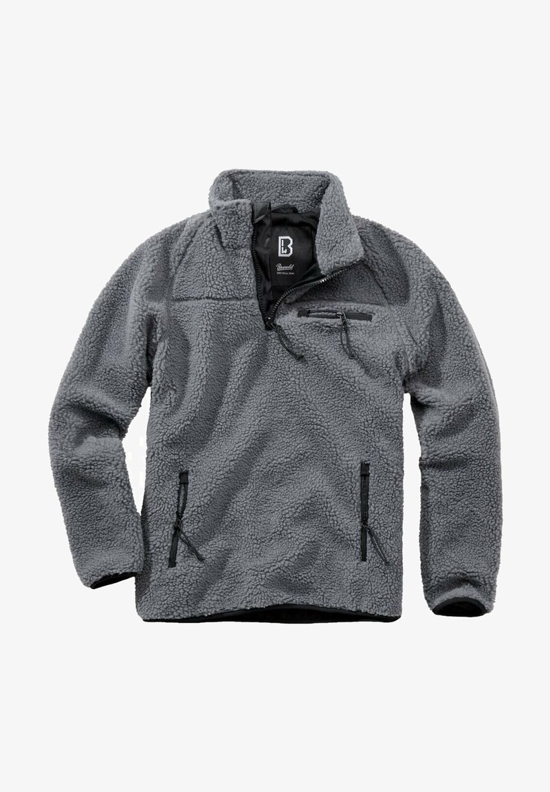 Grauer Fleece-Pullover mit einem Viertel-Reißverschlusskragen, einer Reißverschlusstasche auf der Brust und Seitentaschen. Strukturiertes Material mit einem weichen, warmen Gefühl.