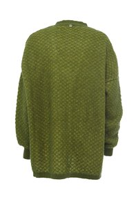 Maglione verde a maglia testurizzata con una vestibilità comoda, caratterizzato da un motivo a cialdine, un collo rotondo e maniche lunghe. Senza chiusure visibili.