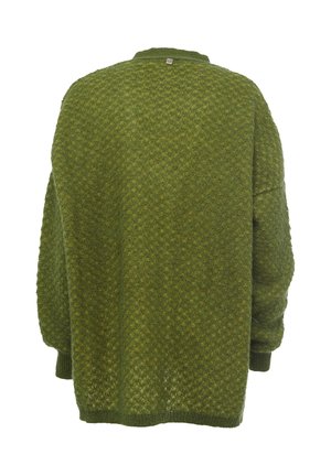 Maglione verde a maglia testurizzata con una vestibilità comoda, caratterizzato da un motivo a cialdine, un collo rotondo e maniche lunghe. Senza chiusure visibili.