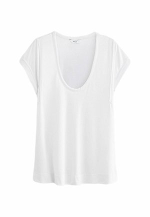 Hvid kortærmet T-shirt med bred scoop-udskæring, der har en afslappet pasform, blødt stof og en lige kant ved taljen.