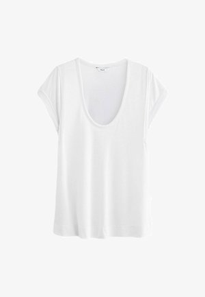 Biely krátky rukáv tričko s širokým výstrihom, s voľným strihom, mäkkou tkaninou a rovný lem v páse.