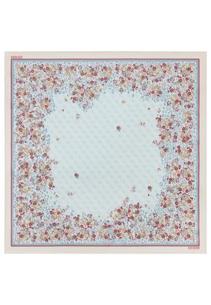 Foulard bleu clair avec une bordure florale dense en fleurs rouges, roses et jaunes et des taches de léopard subtiles sur toute la zone centrale.