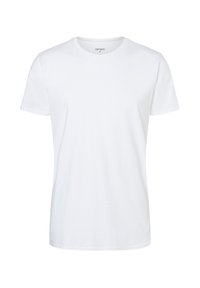 T-shirt bianco a maniche corte con collo rotondo, realizzato in cotone. Texture liscia senza motivi o dettagli visibili. Design semplice e classico.