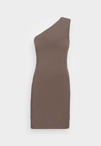 Hnědress s jedním ramem vyrobený z měkké látky; přiléhavý design se siluetou rovného střihu a čistými, olemovanými okraji. Minimalistický styl.