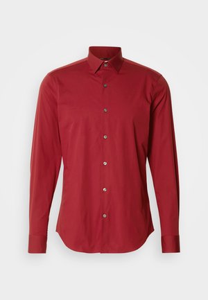 Red long-sleeve shirt featuring a button-down collar, front placket with silver buttons, and a smooth, lightweight fabric.