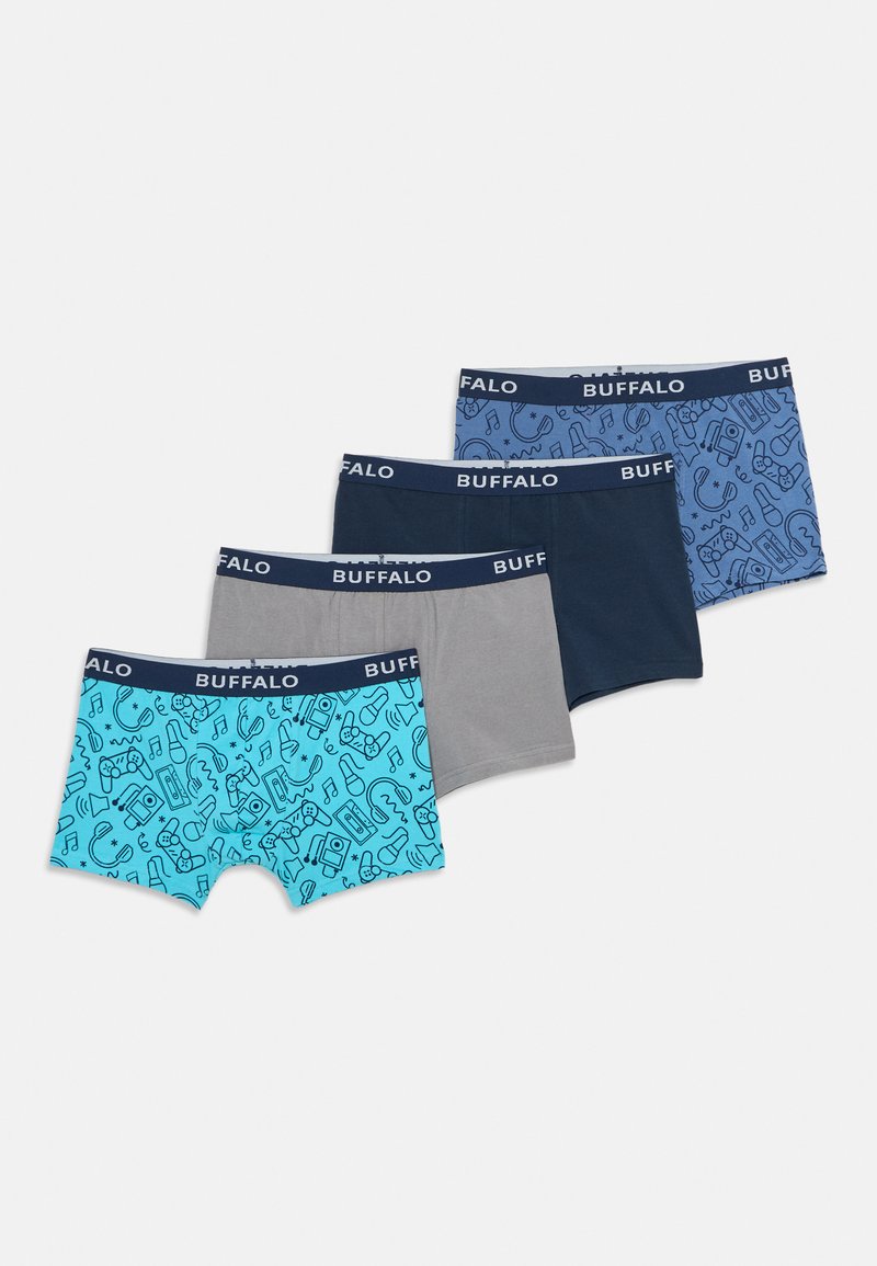 Četiri para dječaka bokserica u plavoj boji s glazbenim i tehnološkim ikonama, tamnoplavih, sivih i mornarskih boja, svaka s pojasom "BUFFALO".