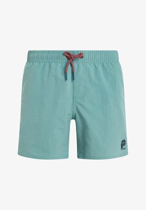 Hellblaue Badehose mit einem elastischen Bund und ropem Kordelzug. Verfügt über eine Seitentasche und ein schwarzes Logo unten links.