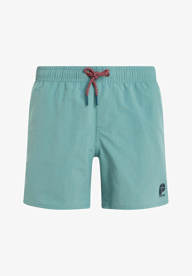 Šviesiai mėlyni maudymosi šortai su elastinga juosmeniu ir raudonu virvute. Yra šoninis kišenė ir juodas logotipas apatinėje kairėje pusėje.