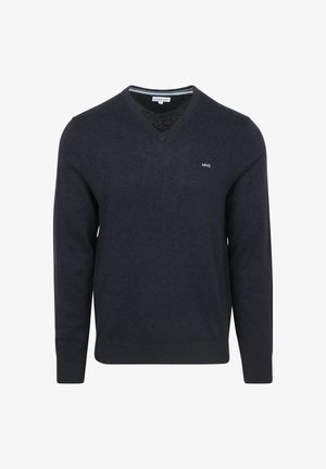 Marineblauwe v-hals trui van zacht materiaal, met een subtiele logo op de linker borst en geribbelde manchetten en onderrand voor een aangesloten look.