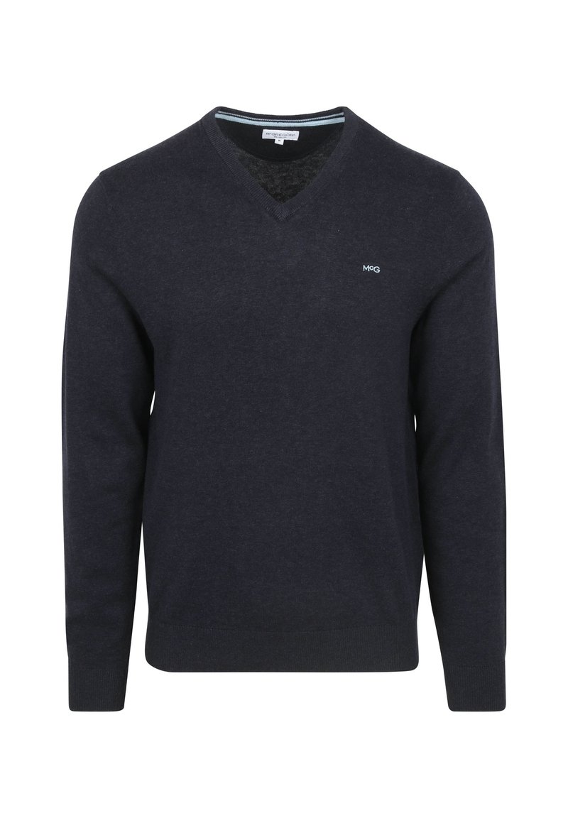 Navy blue v-neck sweater made of soft fabric, featuring a subtle logo on the left chest and ribbed cuffs and hem for a fitted look.