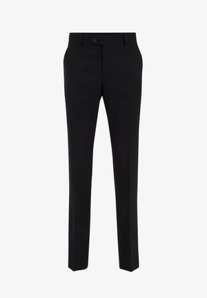 Czarne spodnie wykonane z gładkiego materiału, z płaskim przodem, zapięciem na jeden guzik i prostym krojem nogawek, bez kieszeni.