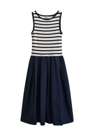 Vestido sin mangas con corpiño de rayas horizontales en azul marino y blanco y falda plisada en azul marino sólido.