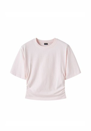 Hellrosa kurzärmeliges, kurz geschnittenes T-Shirt mit rundem Ausschnitt und kleinem schwarzem Etikett innen im Kragen, auf weißem Hintergrund dargestellt.