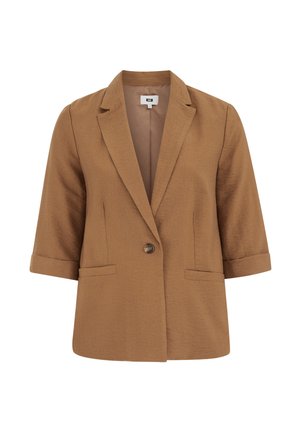 Brun blazer med enkelt knap, notch-revers og trekvartærmede med optrukne opsmøg, der har to forlommer med åbninger og et struktureret stof.