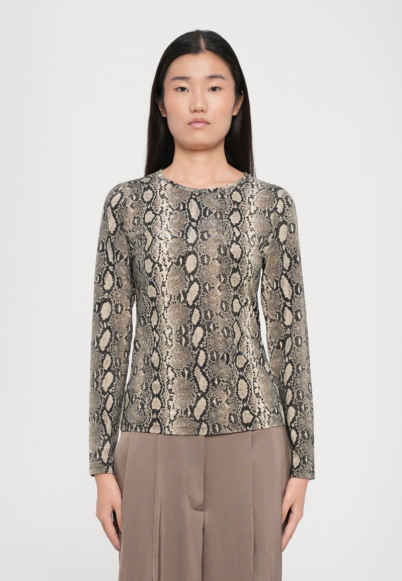 Long-sleeve top featuring a snake print pattern in muted beige and black. Smooth texture with a round neckline and fitted silhouette.