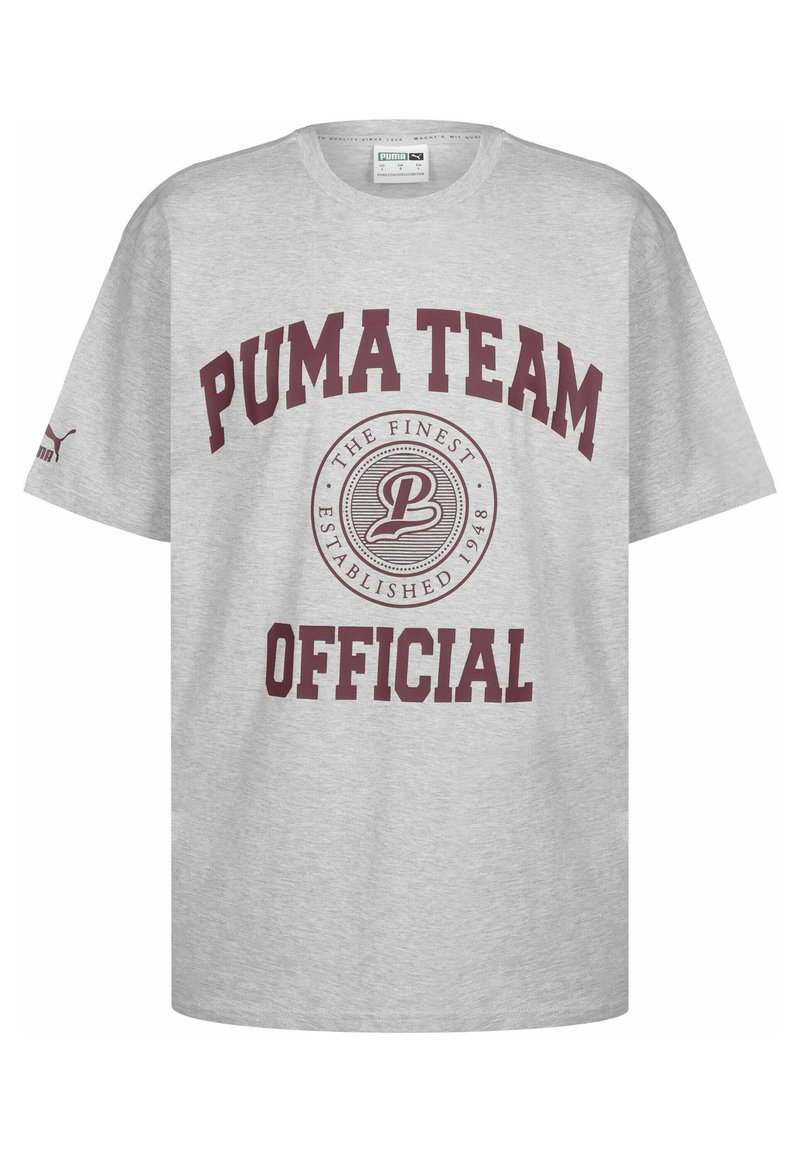 Pilkos medvilnės marškinėliai su užrašu "PUMA TEAM" ir "OFFICIAL" burgundiško raudono atspalvio, su apvaliu logotipu centre. Trumpi rankovės, apvalus kaklas.